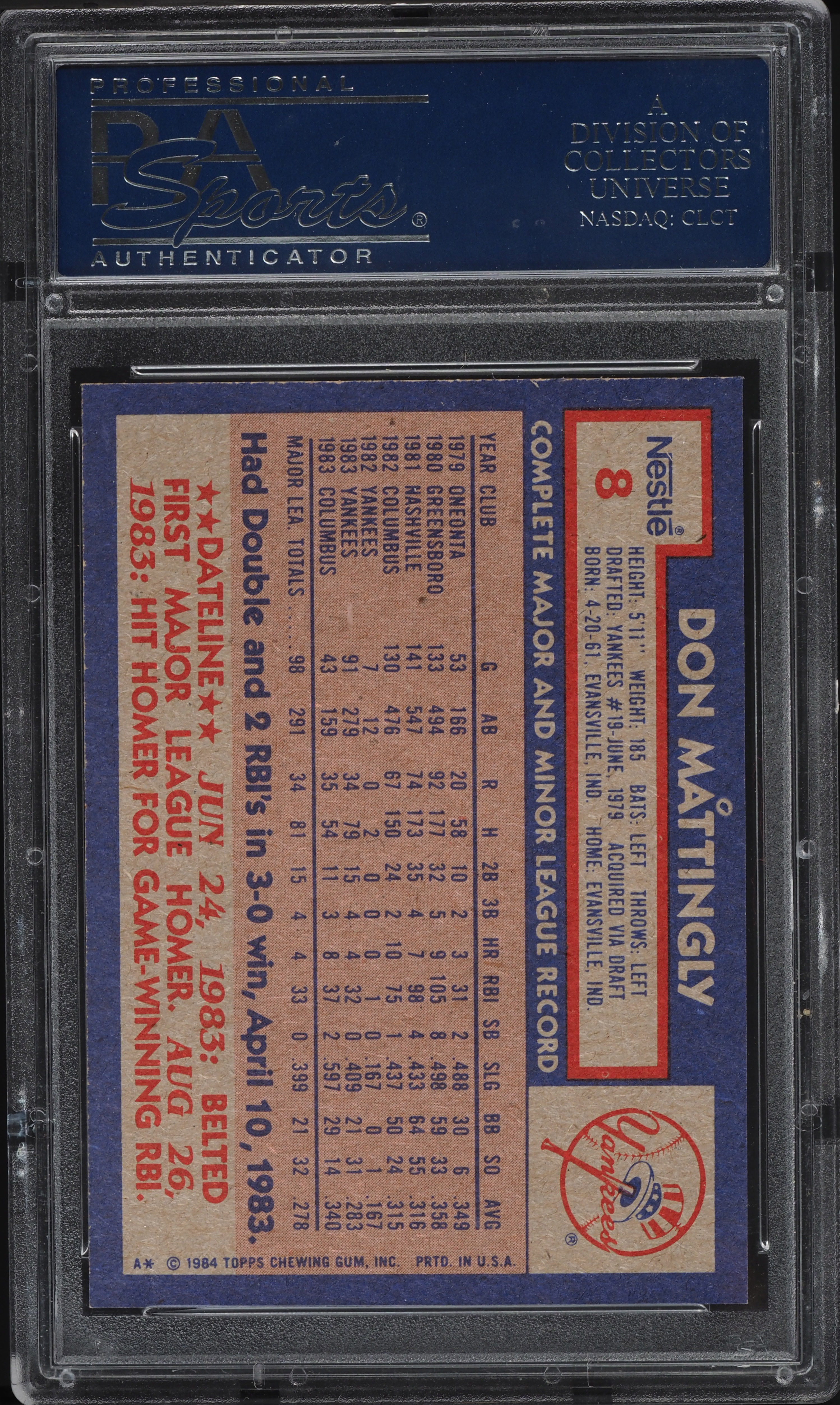 1984 NESTLE DON MATTINGLY RC #8 SGC 10 MINT NEW LABEL LOW POP RARE 