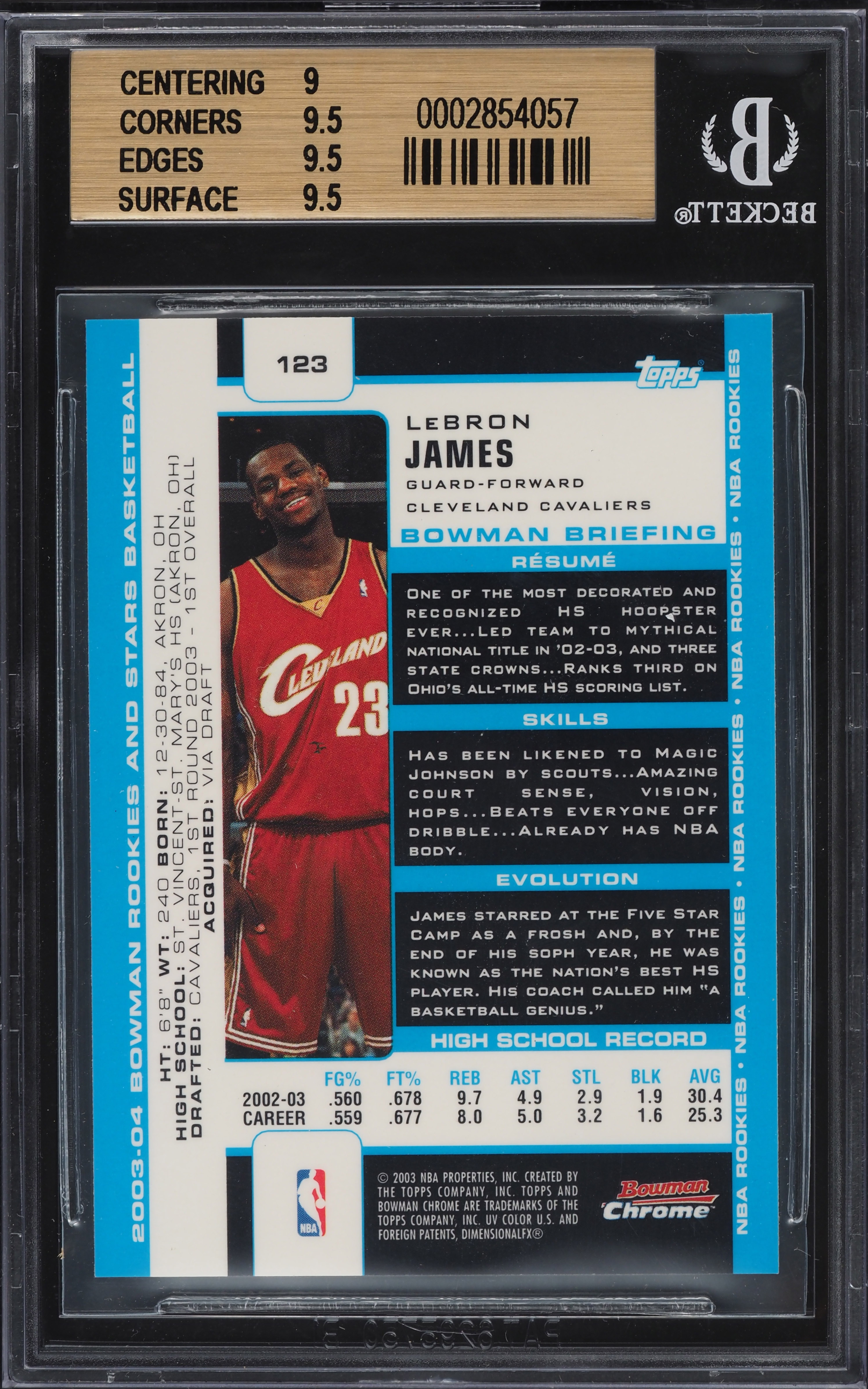 2003 Bowman Chrome LeBron James ROOKIE RC #123 BGS 9.5 GEM MINT on