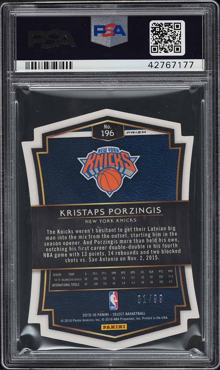 2015 Select Purple Prizm Die-Cut Kristaps Porzingis ROOKIE RC 1/99 #196 PSA 10