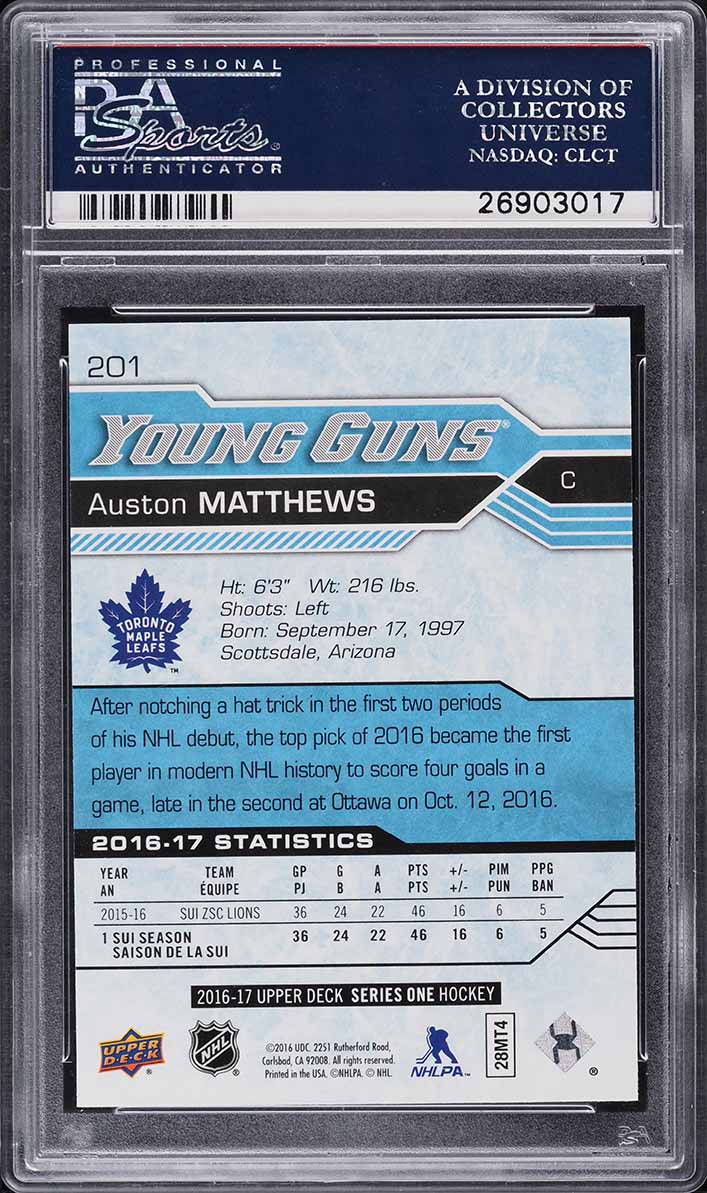 2016 Upper Deck Young Guns Auston Matthews ROOKIE #201 PSA 10 GEM MINT