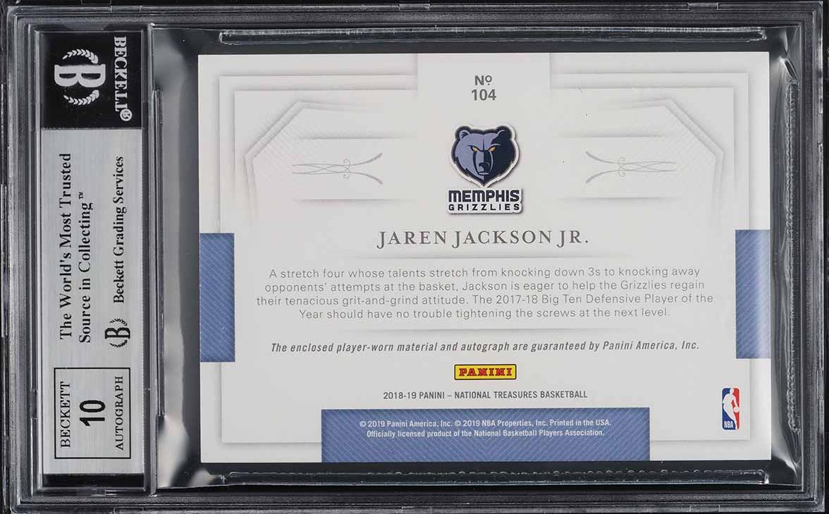 2018 National Treasures Jaren Jackson Jr. ROOKIE PATCH AUTO /49 BGS 8.5 NM-MT+