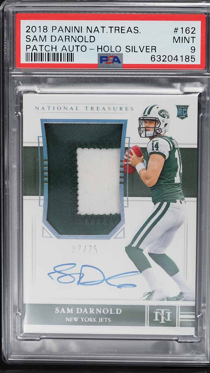 2018 National Treasures Silver Sam Darnold ROOKIE PATCH AUTO /25 #162 PSA 9 MINT