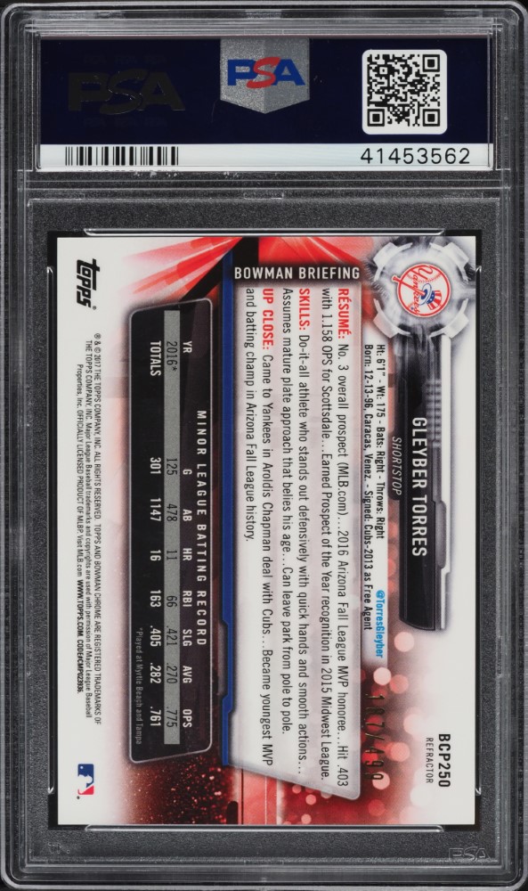 2017 Bowman Chrome Prospects Refractor Gleyber Torres ROOKIE PSA