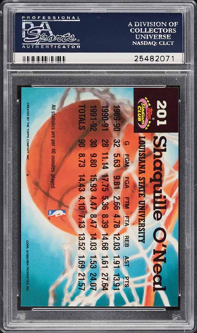 1992 Stadium Club Members Only Shaquille O'Neal ROOKIE #201 PSA 10 GEM MINT