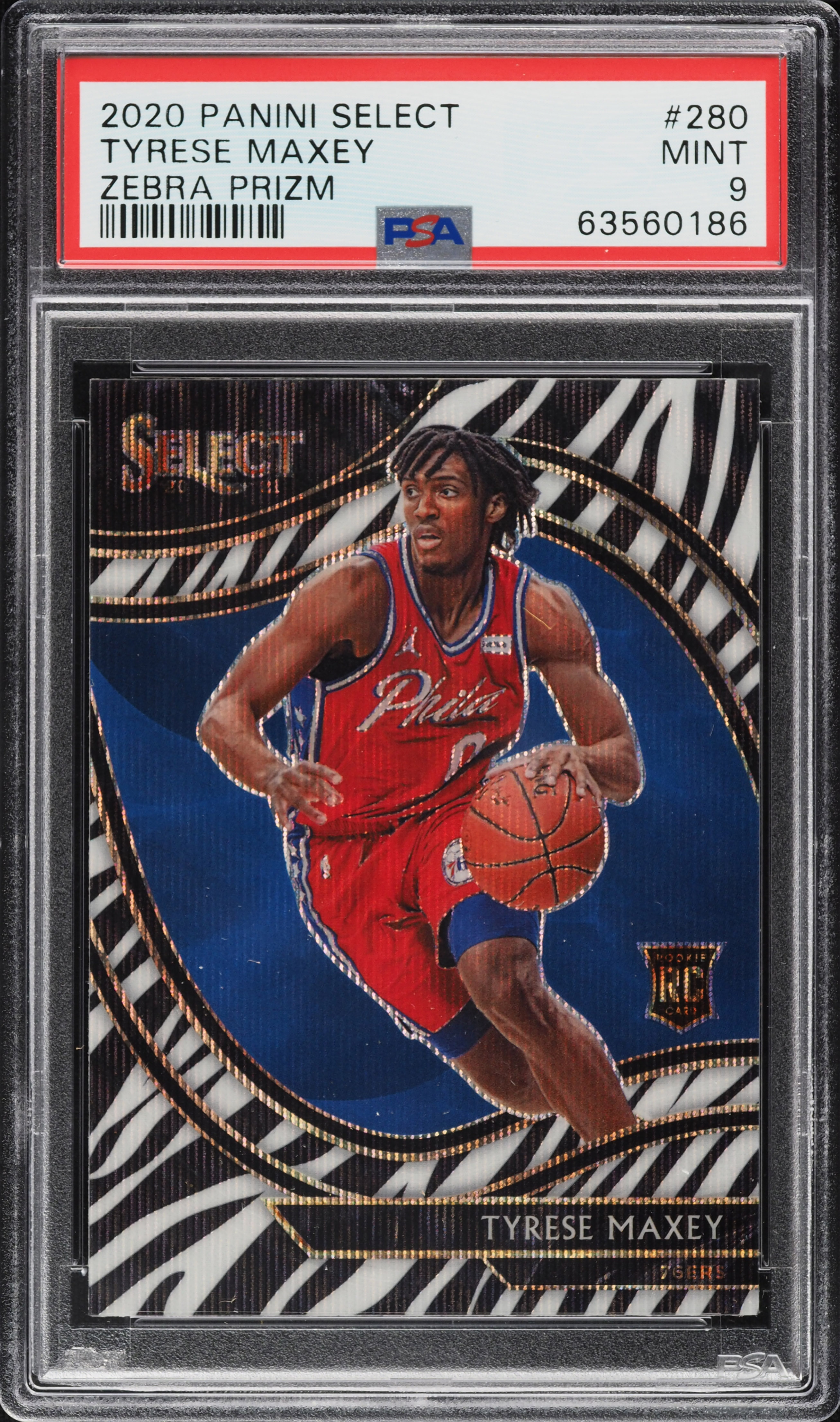 2020 Select Courtside Zebra Prizm Tyrese Maxey ROOKIE #280 PSA 9