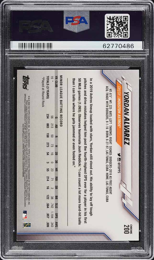 2020 Topps Chrome Yordan Alvarez ROOKIE #200 PSA 10 GEM MINT
