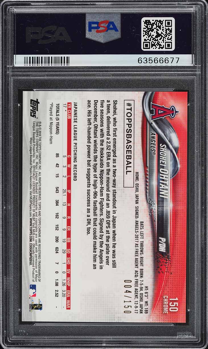 2018 Topps Chrome Blue Refractor Shohei Ohtani ROOKIE /150 #150 PSA 10 GEM MINT