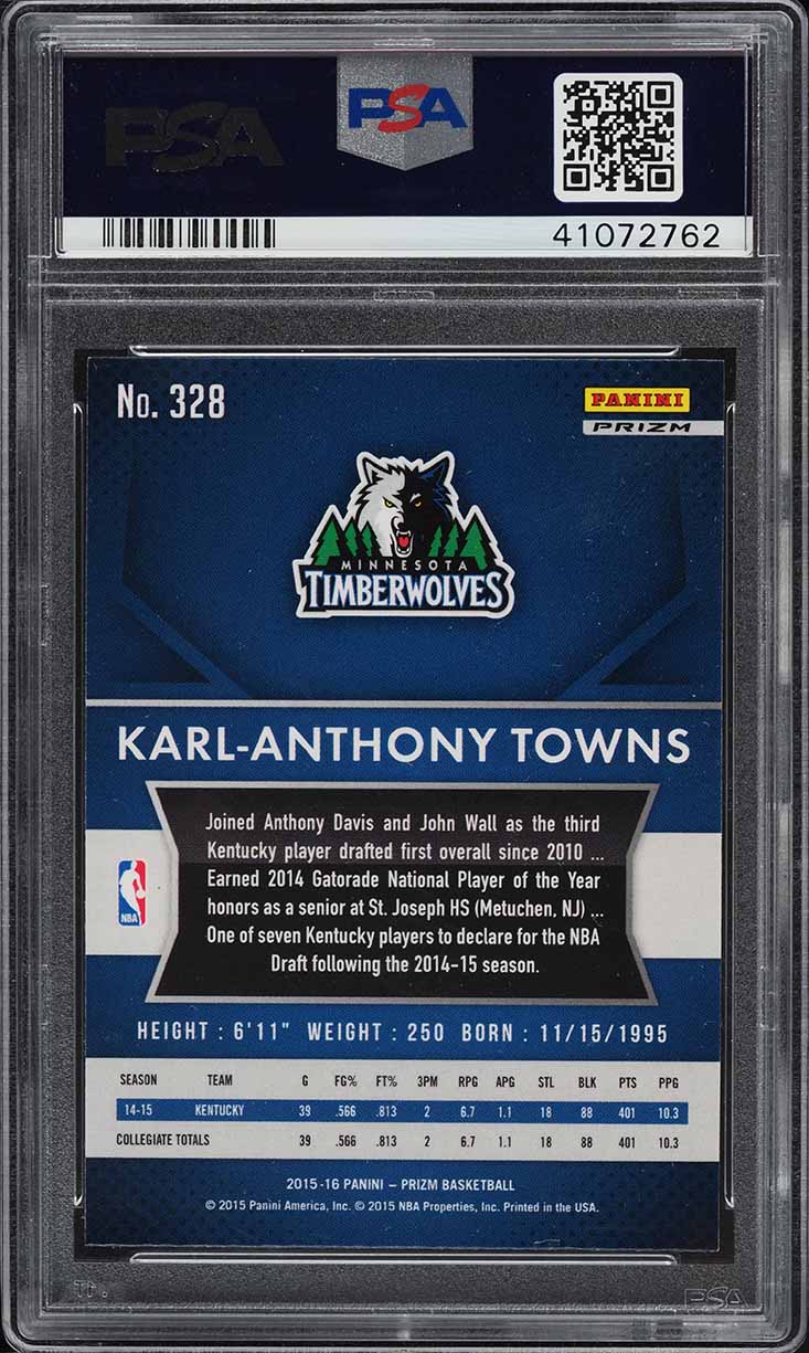 2015 Panini Prizm Silver Prizms Karl-Anthony Towns ROOKIE #328 PSA 10 GEM MINT
