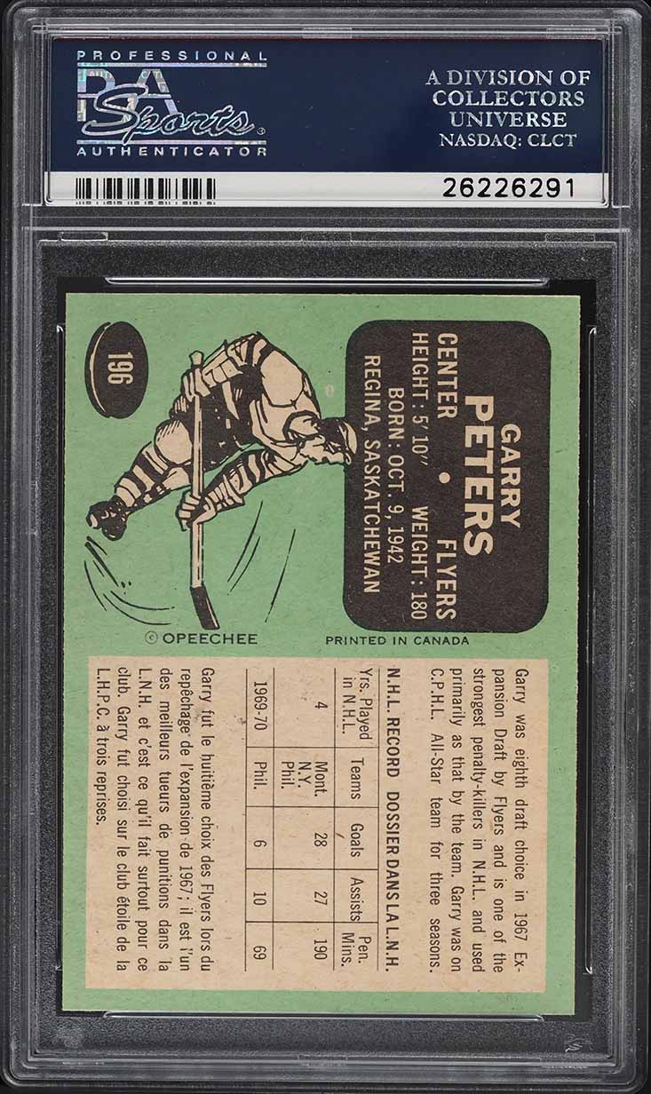 1970 O-Pee-Chee Hockey Garry Peters #196 PSA 8 NM-MT