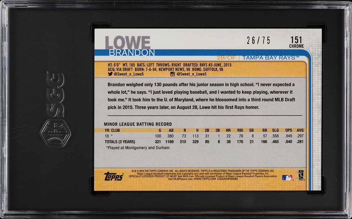 2019 Topps Chrome Blue Wave Refractor Brandon Lowe ROOKIE /75 #151 SGC 10