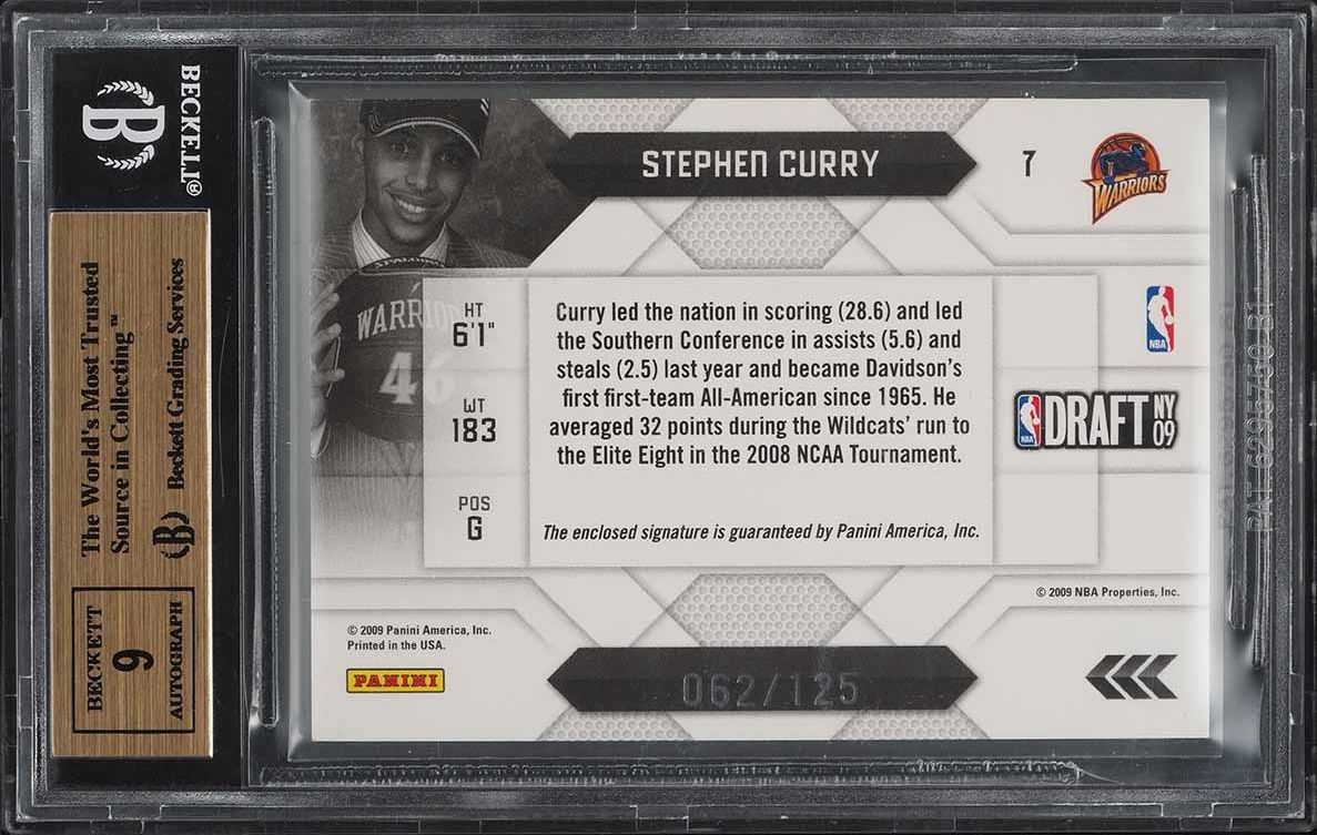 2009 Panini Prestige Draft Class Stephen Curry ROOKIE PATCH AUTO /125 #7 BGS 9.5
