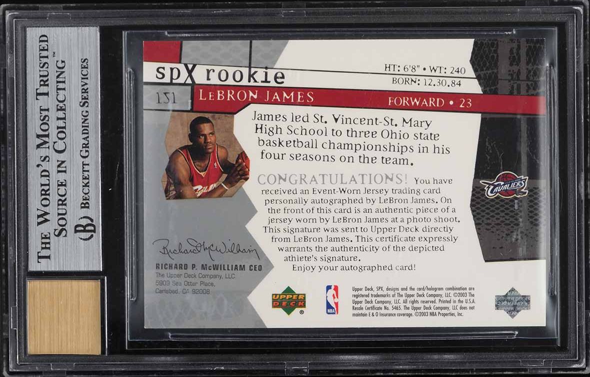 2003 SPx Basketball LeBron James ROOKIE PATCH AUTO /750 #151 BGS 9 MINT