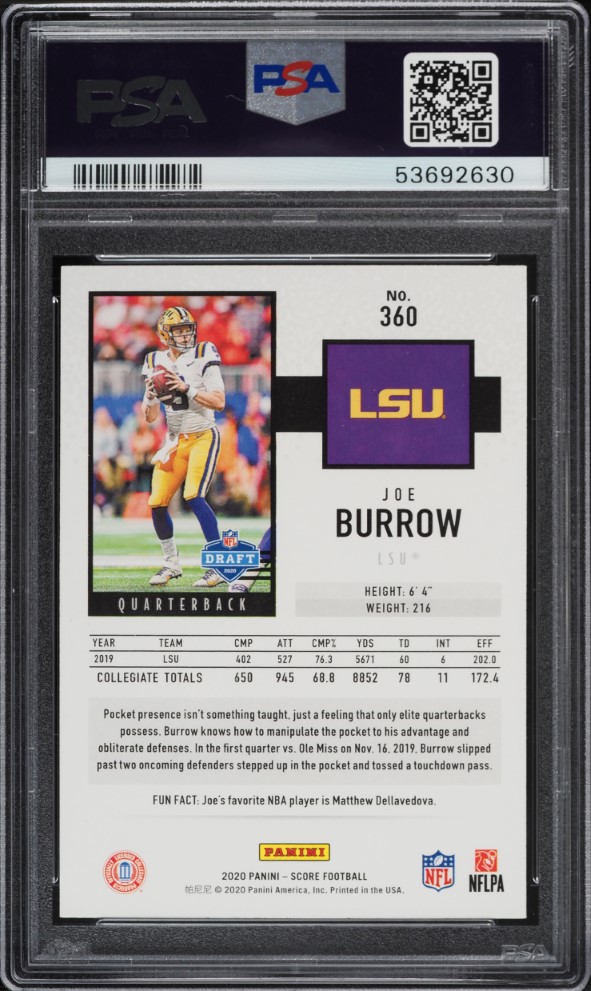 2020 Score Football Joe Burrow ROOKIE #360 PSA 8 NM-MT