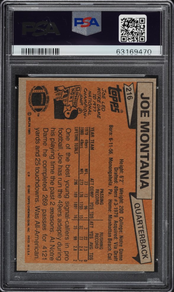 1981 Topps Football Joe Montana ROOKIE #216 PSA 8 NM-MT