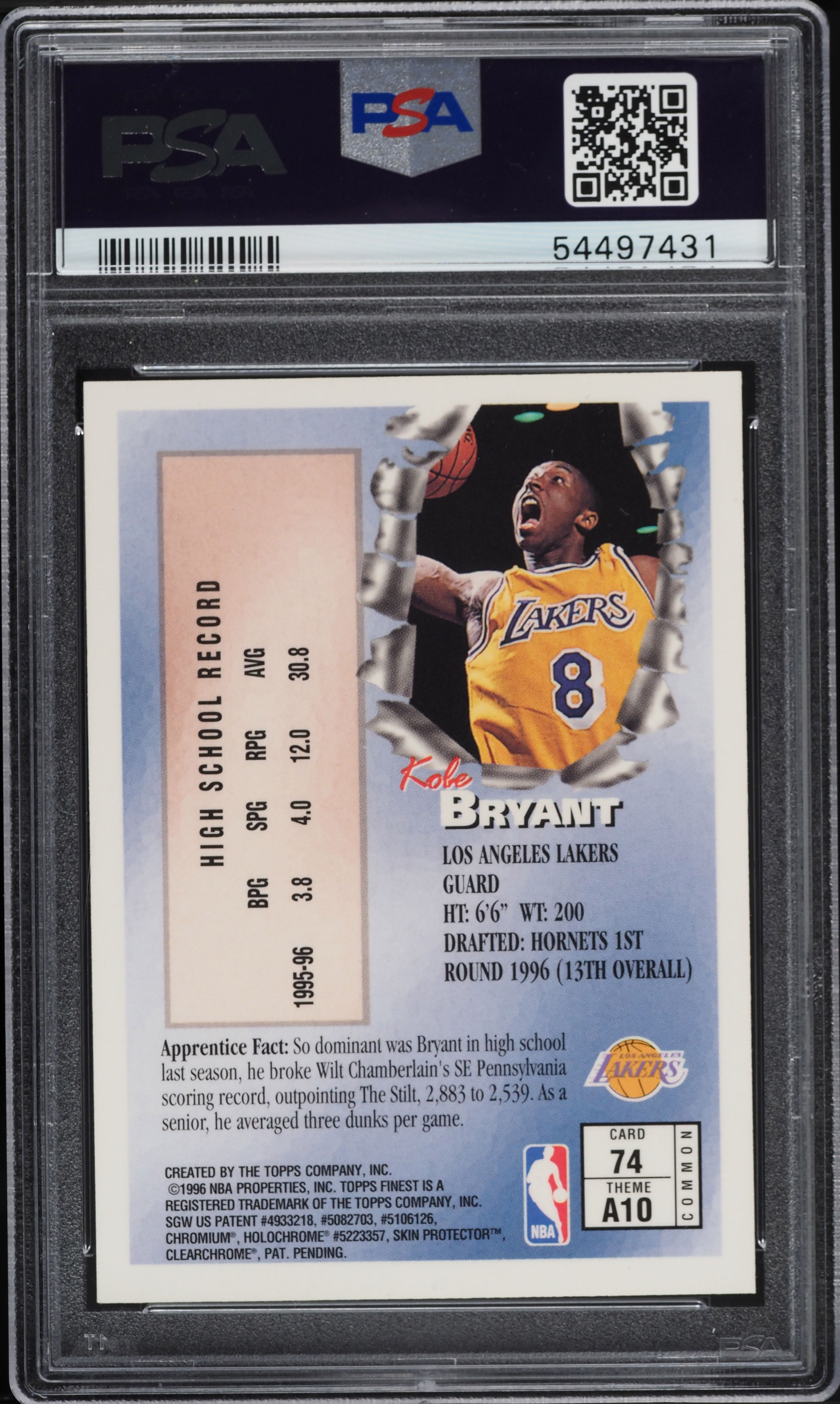 1996 Finest w/ Coating Kobe Bryant ROOKIE #74 PSA 9 MINT on
