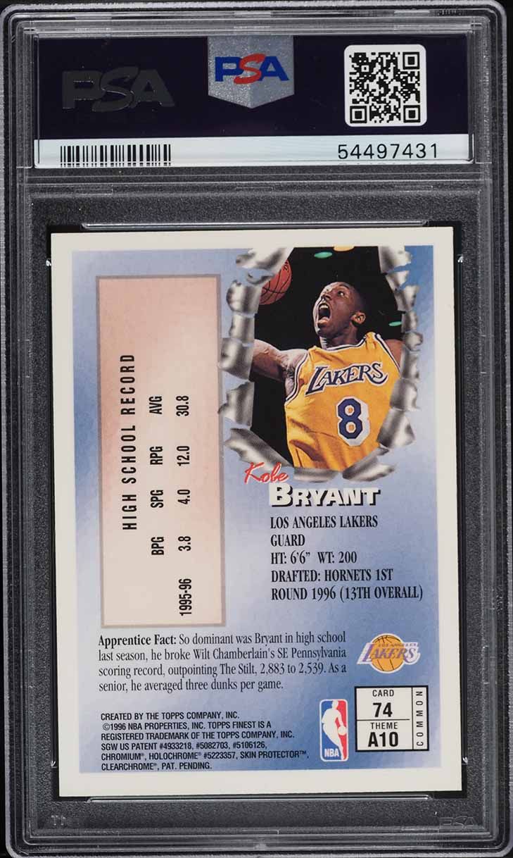 1996 Finest w/ Coating Kobe Bryant ROOKIE #74 PSA 9 MINT on