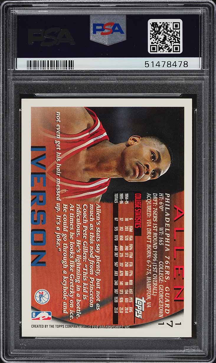 1996 Topps Basketball Allen Iverson ROOKIE #171 PSA 10 GEM MINT