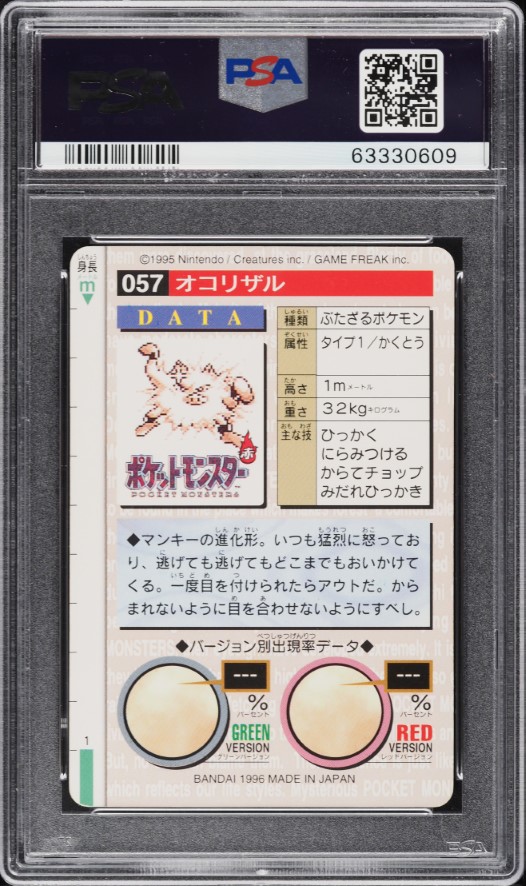 1996 Pokemon Japanese Bandai Carddass Vending Primeape #57 PSA 8