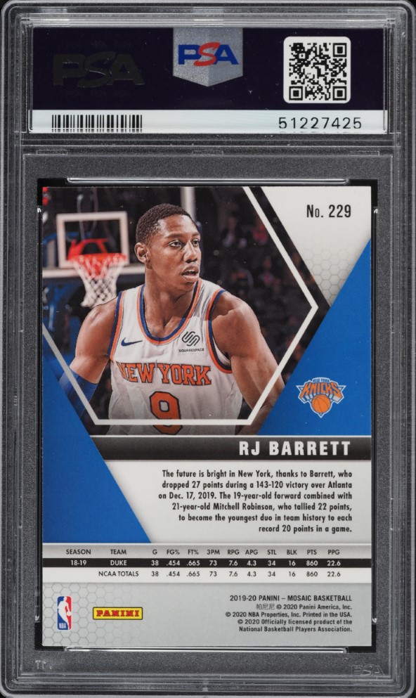 2019 Panini Mosaic RJ Barrett ROOKIE #229 PSA 10 GEM MINT on