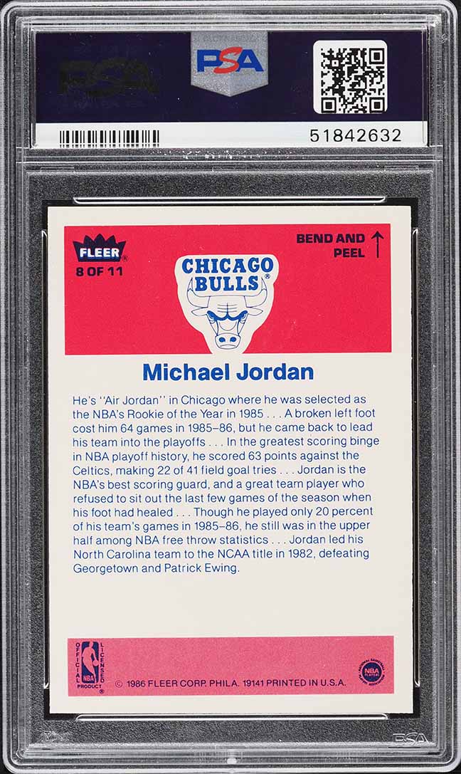 1986 Fleer Sticker Michael Jordan ROOKIE #8 PSA 8 NM-MT