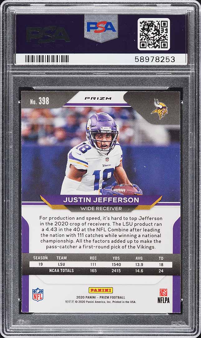 2020 Panini Prizm Silver Justin Jefferson ROOKIE #398 PSA 10 GEM MINT