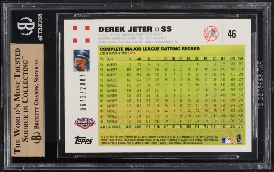2007 Topps Opening Day Gold Derek Jeter /2007 #46 BGS 9.5 GEM MINT