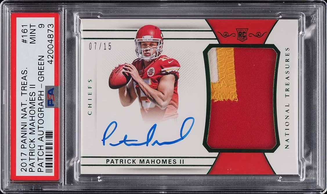 2017 National Treasures Green Patrick Mahomes II RC PATCH AUTO /15 #161 PSA 9