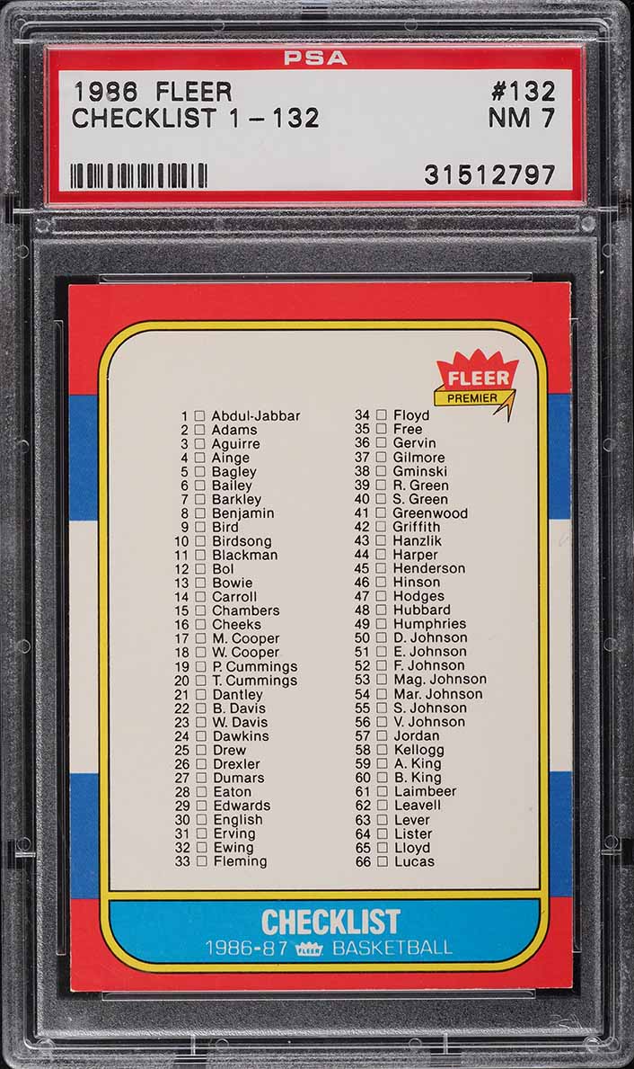 1986 Fleer Basketball Checklist 1-132 #132 PSA 7 NRMT