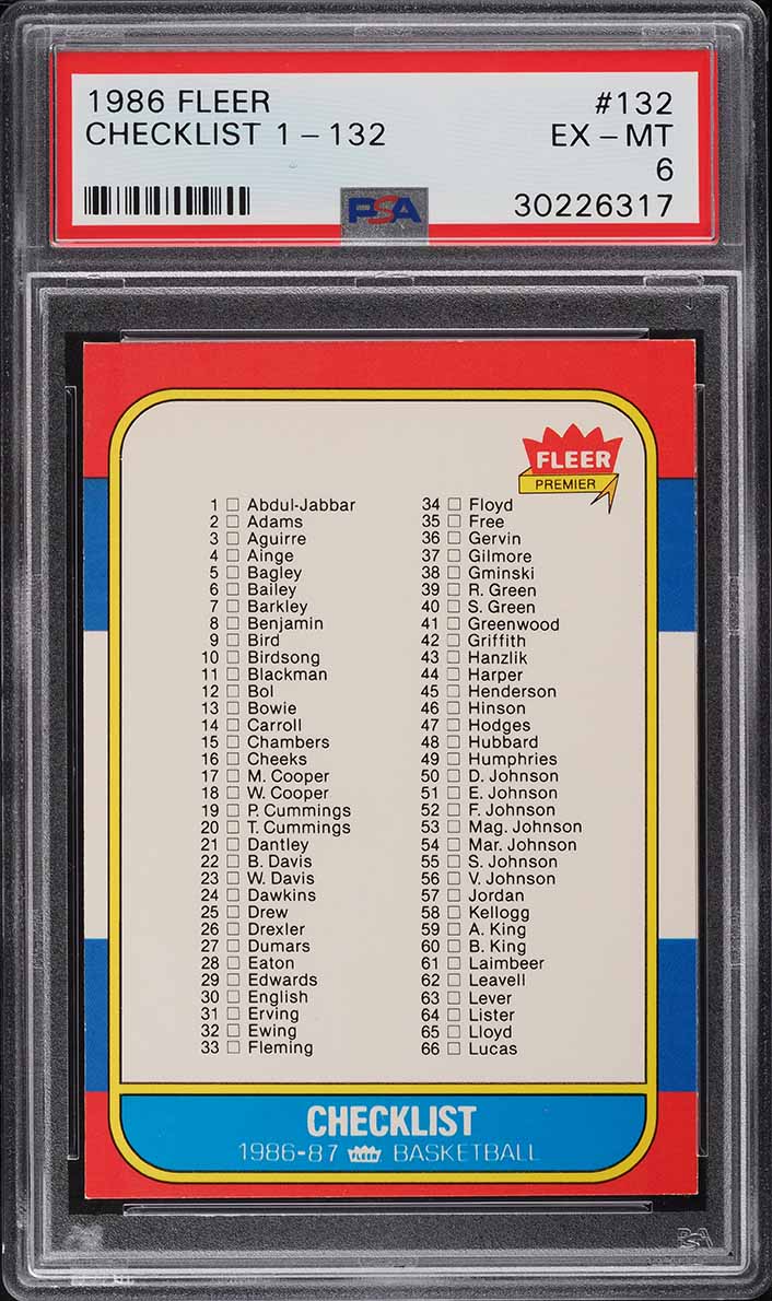 1986 Fleer Basketball Checklist 1-132 #132 PSA 6 EXMT