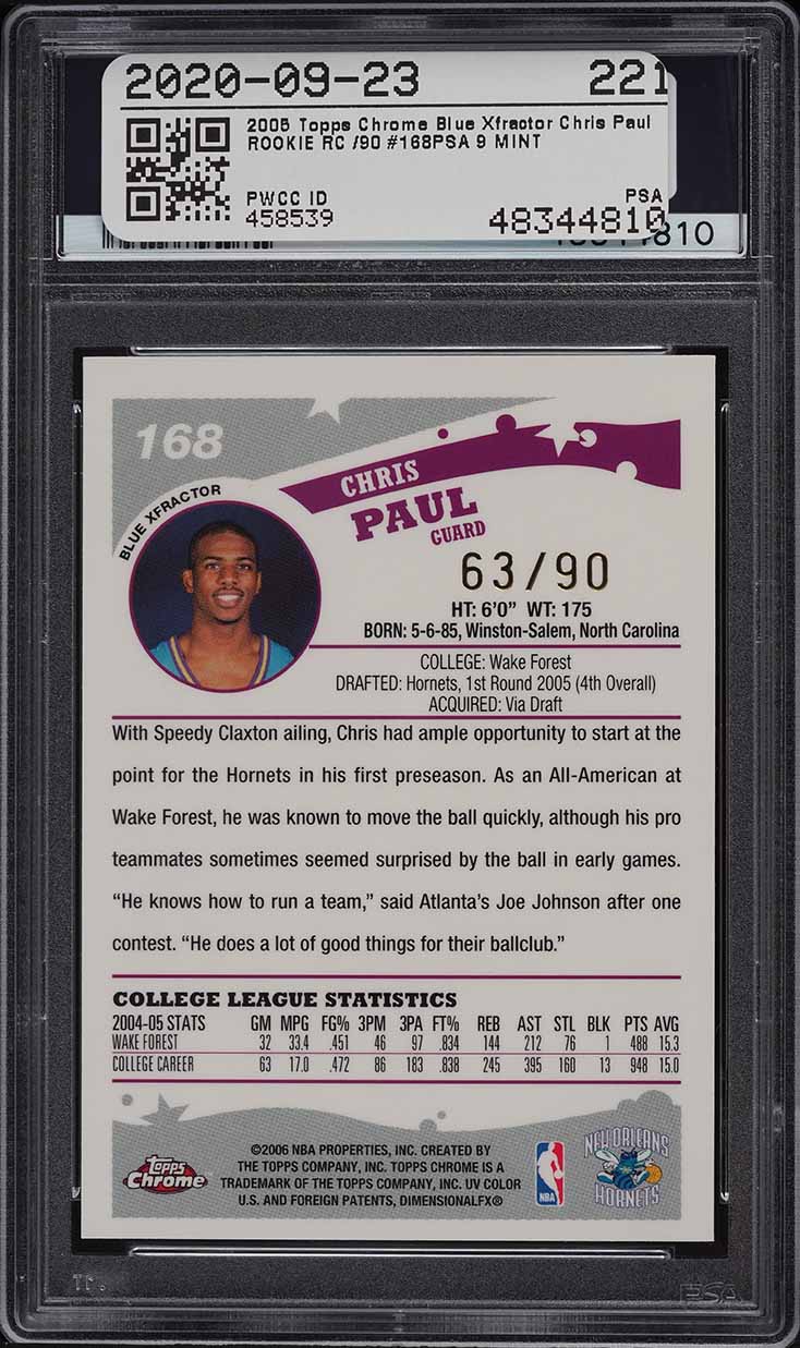 2005 Topps Chrome Blue Xfractor Chris Paul ROOKIE RC /90 #168 PSA 9 MINT