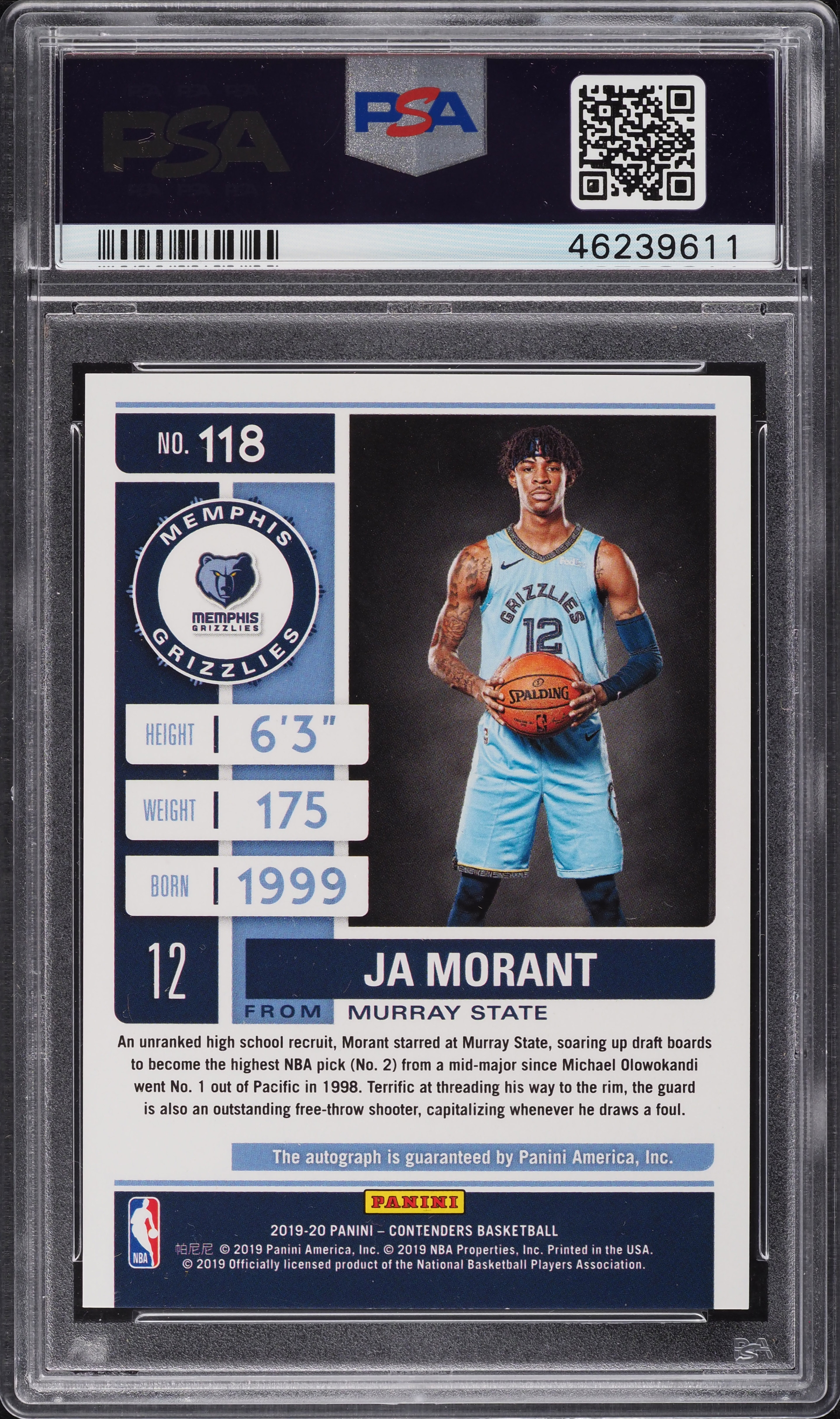 2019 Panini Contenders Playoff Ticket Ja Morant ROOKIE AUTO /99