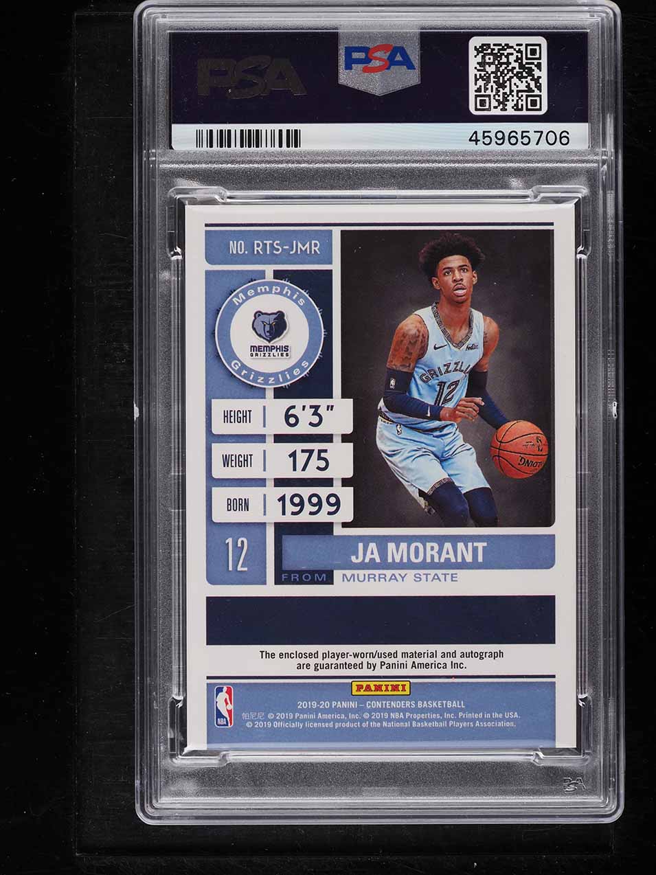 2019 Panini Contenders Ticket Ja Morant ROOKIE PATCH AUTO /10 #RTS-JMR PSA 9