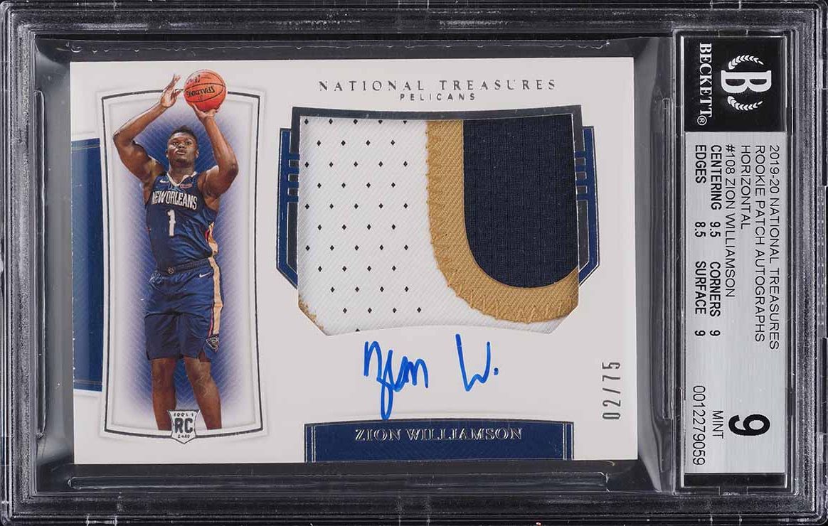 2019 National Treasures Horizontal Zion Williamson ROOKIE PATCH AUTO /75 BGS 9