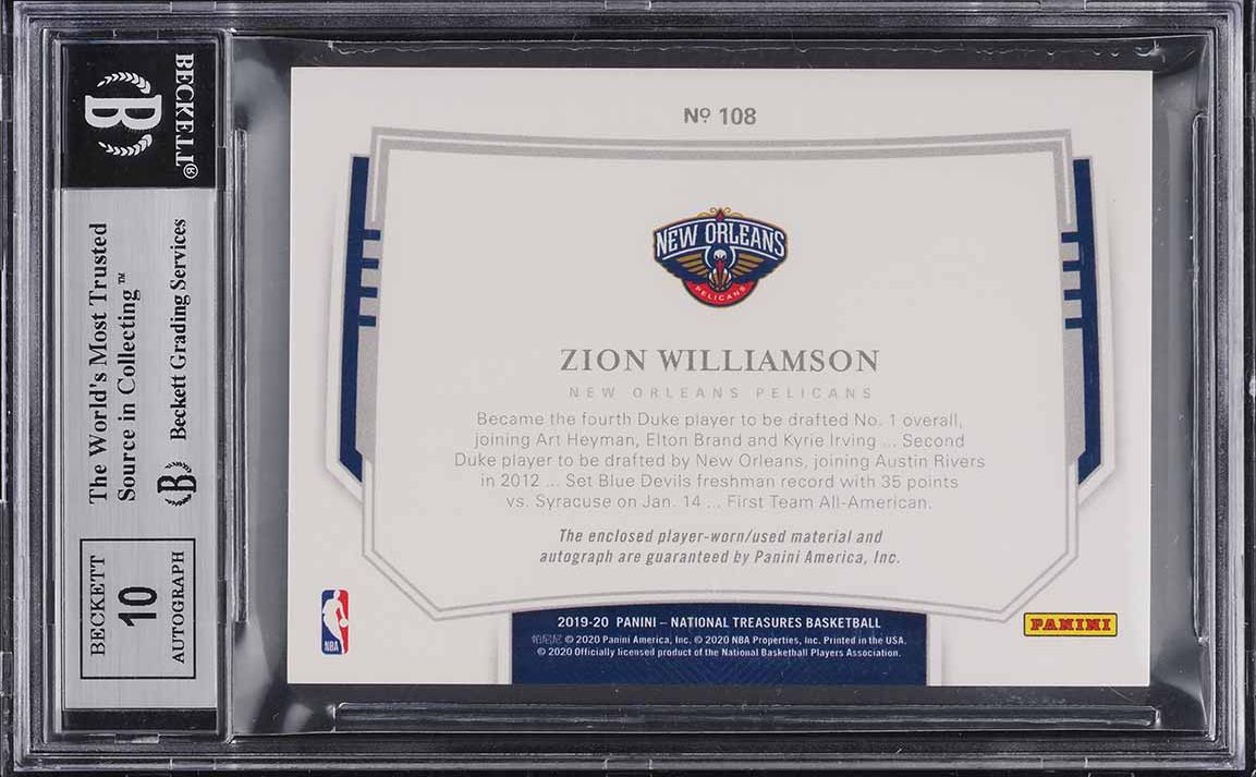 2019 National Treasures Horizontal Zion Williamson ROOKIE PATCH AUTO /75 BGS 9