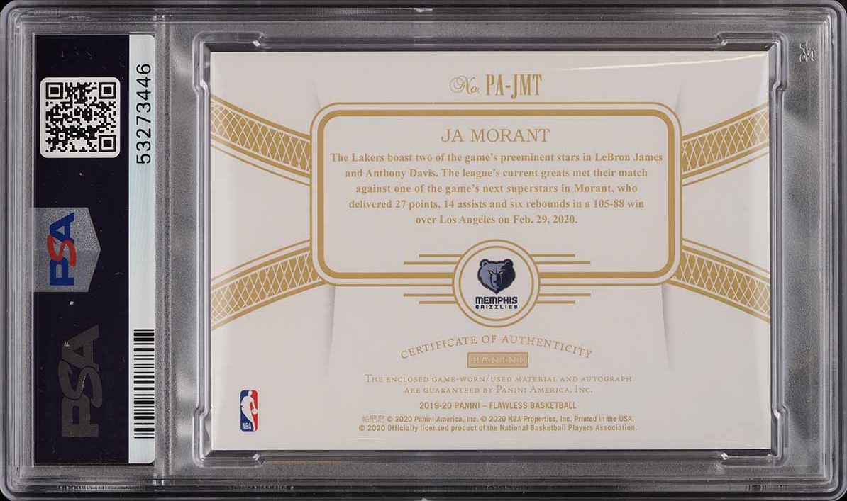 2019 Panini Flawless Gold Ja Morant ROOKIE RC PATCH AUTO /10 PSA
