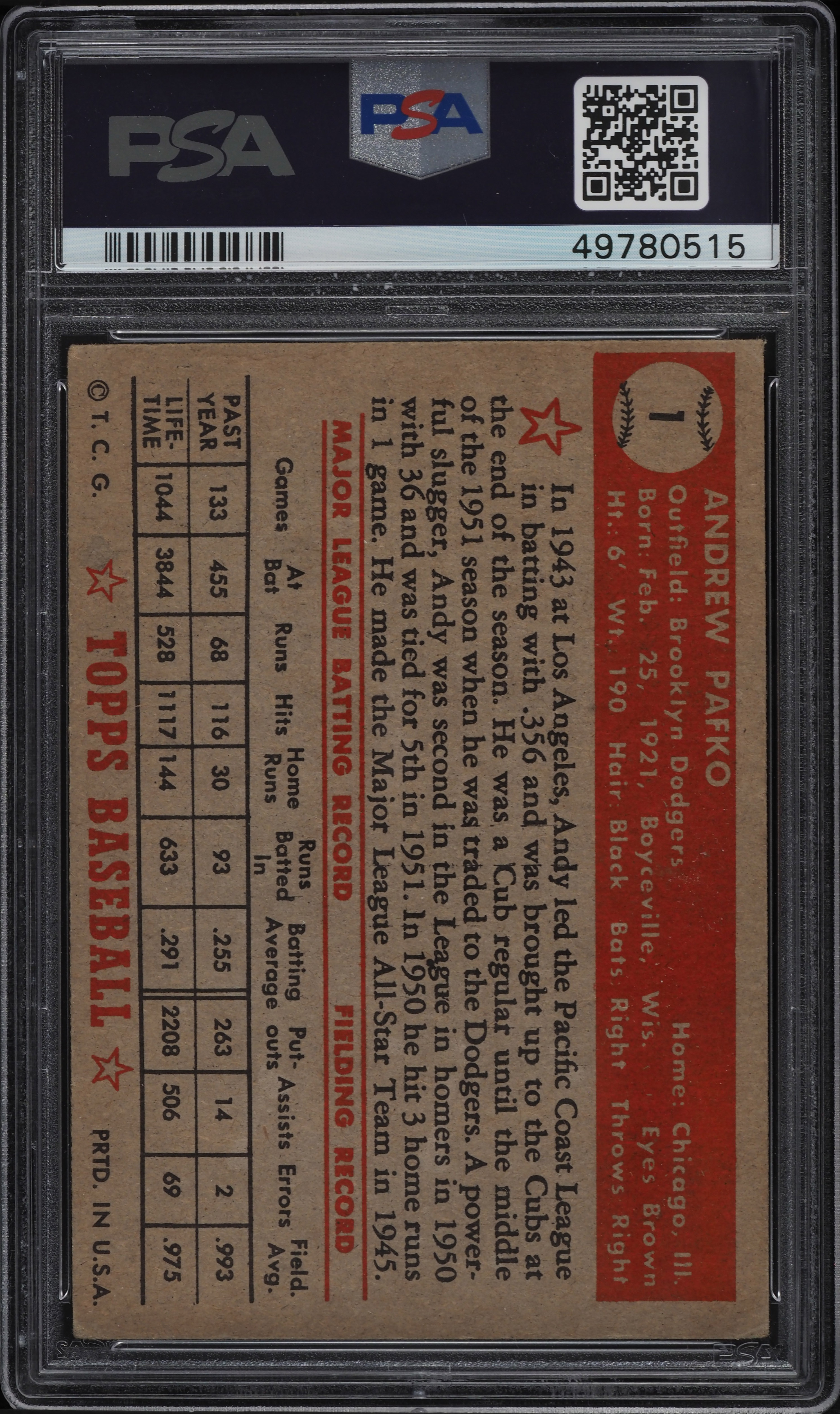 1952 Topps Andy Pafko #1 PSA 4 VGEX on Fanatics Collect