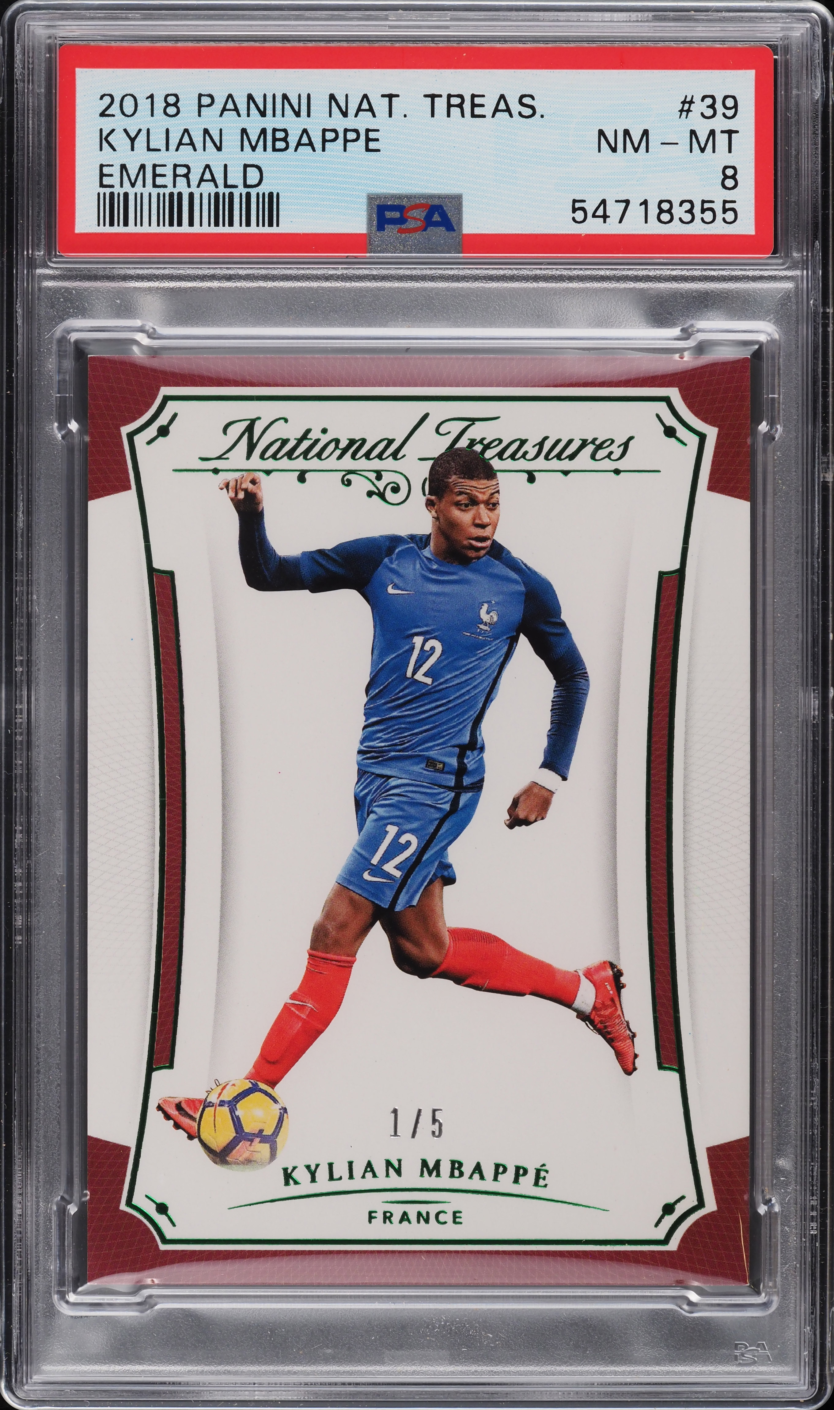 2018 National Treasures Emerald Kylian Mbappe ROOKIE 1/5 #39 PSA 8 