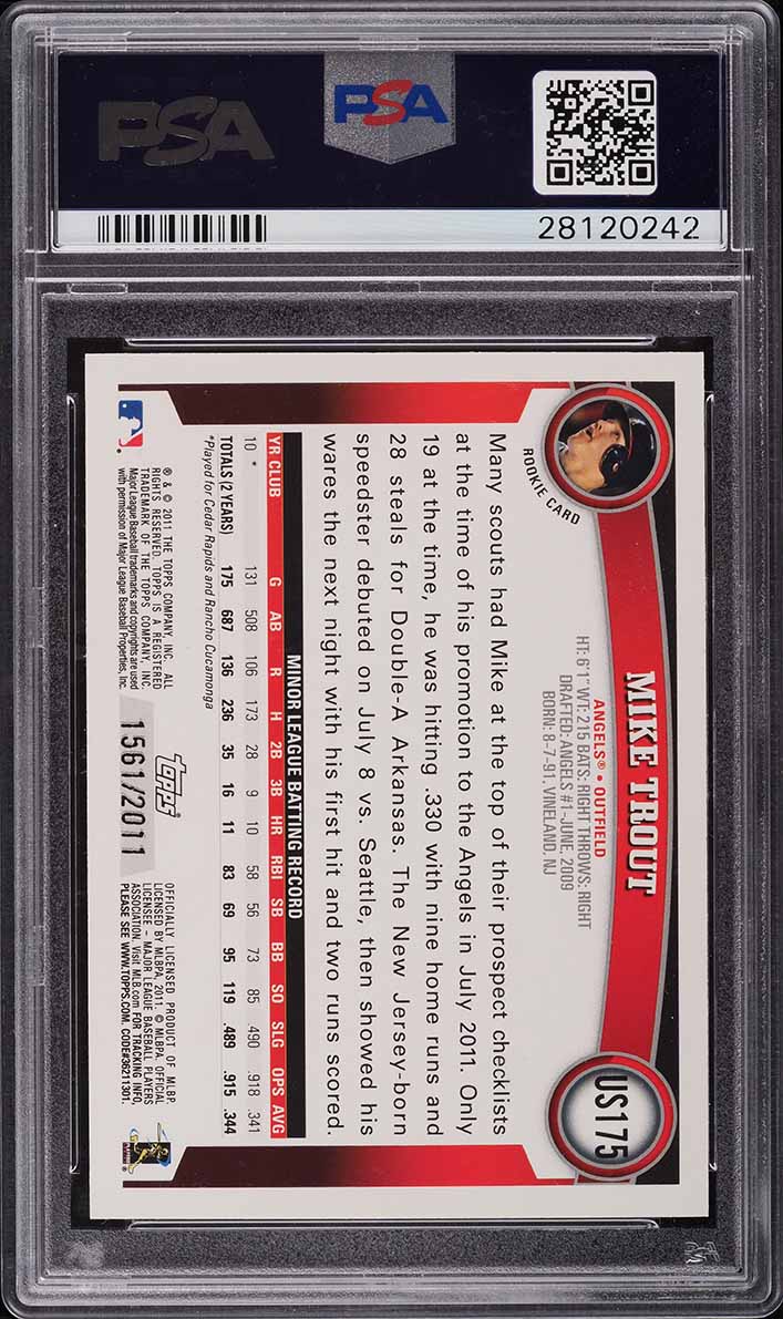 2011 Topps Update Gold Mike Trout ROOKIE /2011 #US175 PSA 10 GEM MINT