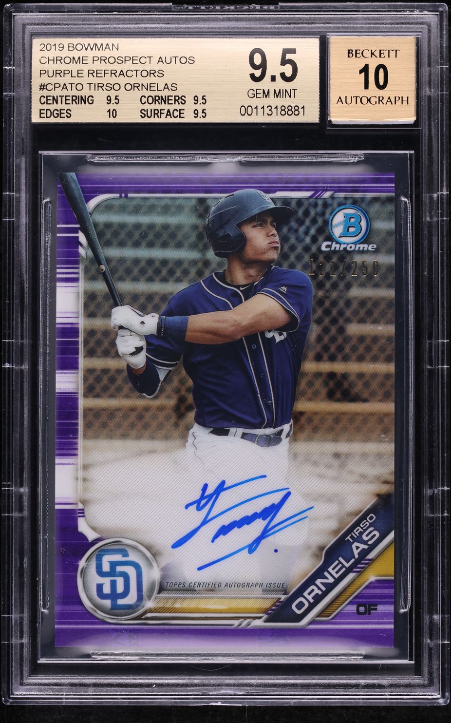 2019 Bowman Chrome Purple Refractor Tirso Ornelas ROOKIE RC AUTO /250 BGS 9.5