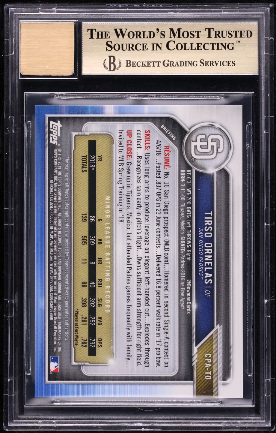 2019 Bowman Chrome Purple Refractor Tirso Ornelas ROOKIE RC AUTO /250 BGS 9.5