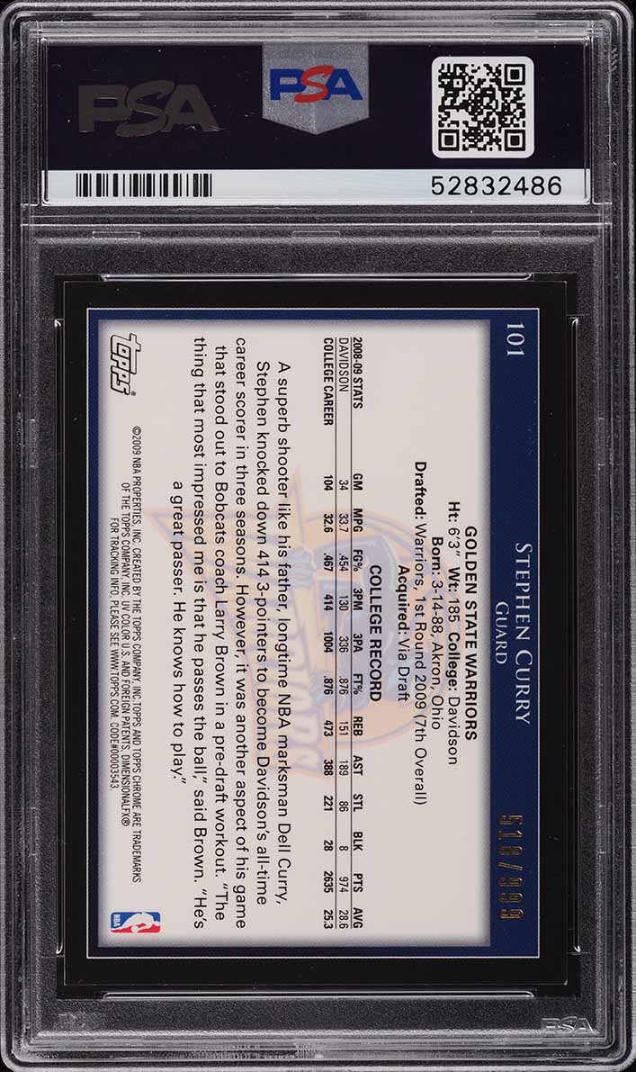 2009 Topps Chrome Stephen Curry ROOKIE /999 #101 PSA 8 NM-MT