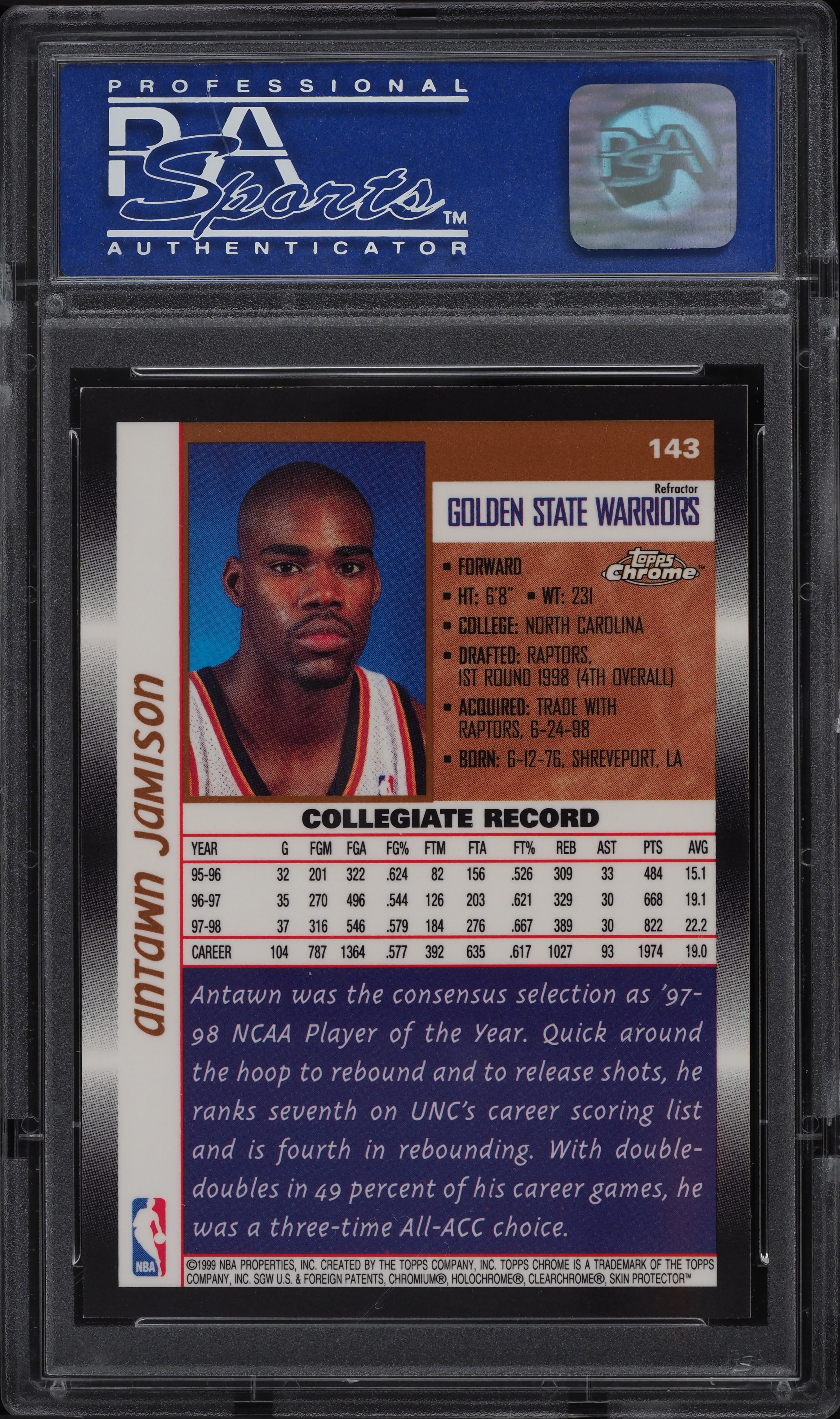 1998 Topps Chrome Refractor Antawn Jamison ROOKIE RC #143 PSA 9