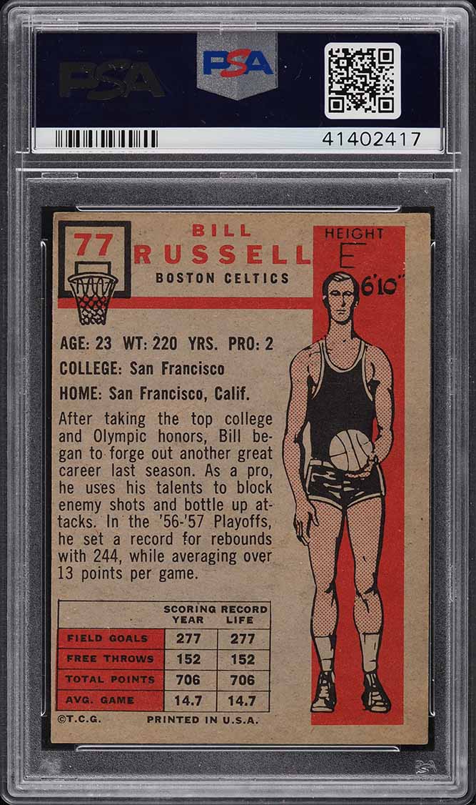 1957 Topps Basketball Bill Russell SP ROOKIE #77 PSA 6 EXMT