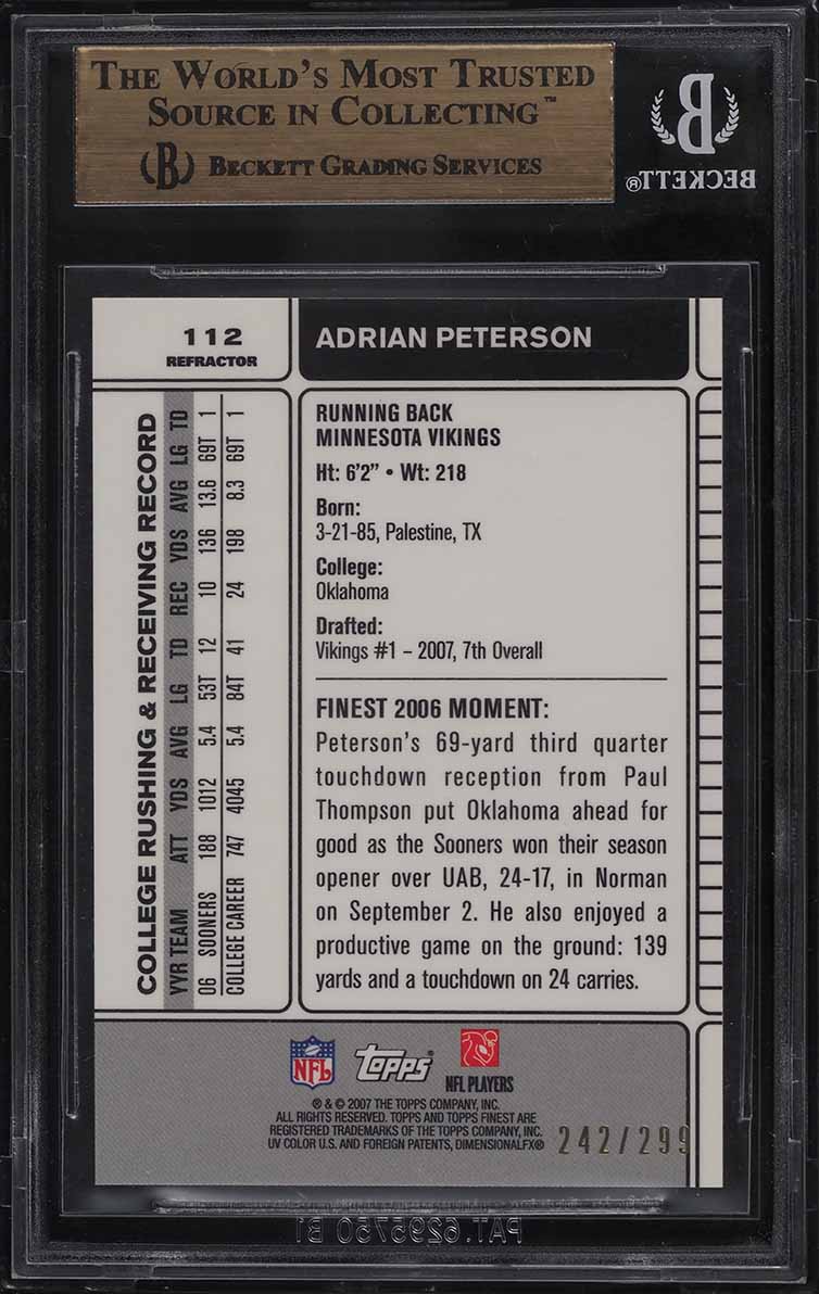 2007 Finest Blue Refractor Adrian Peterson ROOKIE /299 #112 BGS 10