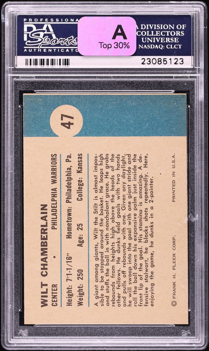 1961 Fleer Basketball Wilt Chamberlain ROOKIE, IN ACTION #47 PSA 9 MINT