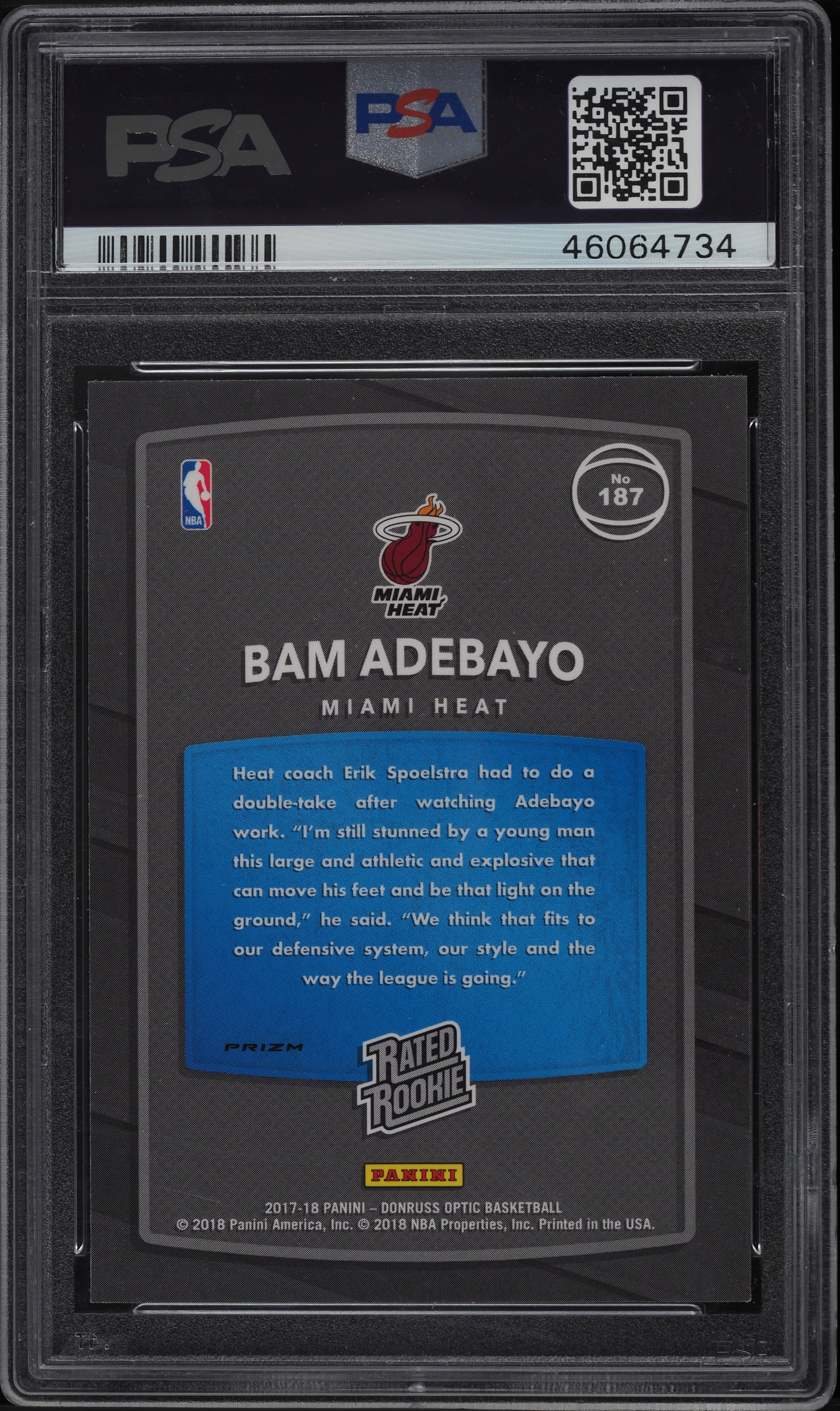 2017 Donruss Optic Holo Bam Adebayo ROOKIE RC #187 PSA 10 GEM MINT 