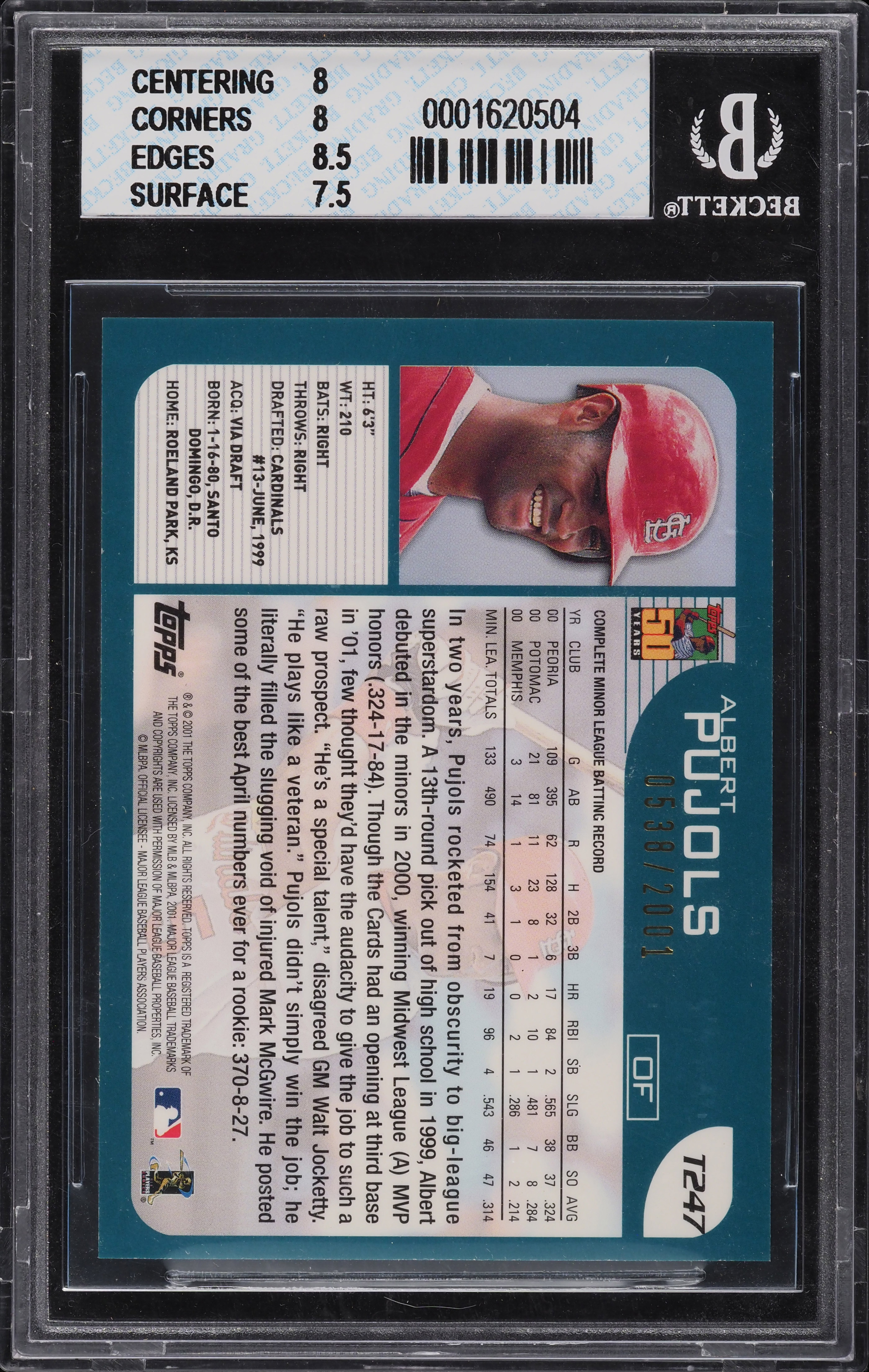 2001 Topps Traded Gold Albert Pujols ROOKIE RC /2001 #T247 BGS 8