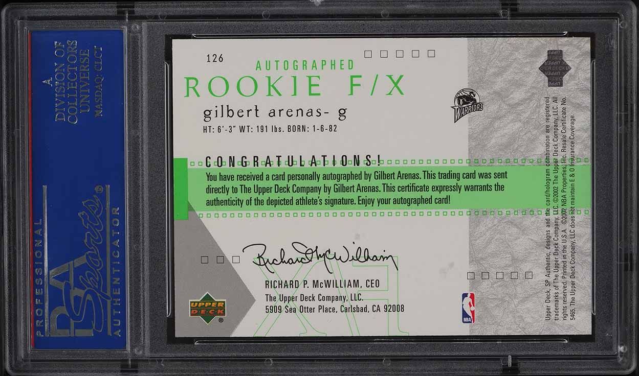 2001 SP Authentic Gilbert Arenas ROOKIE RC AUTO /1525 #126 PSA 10 