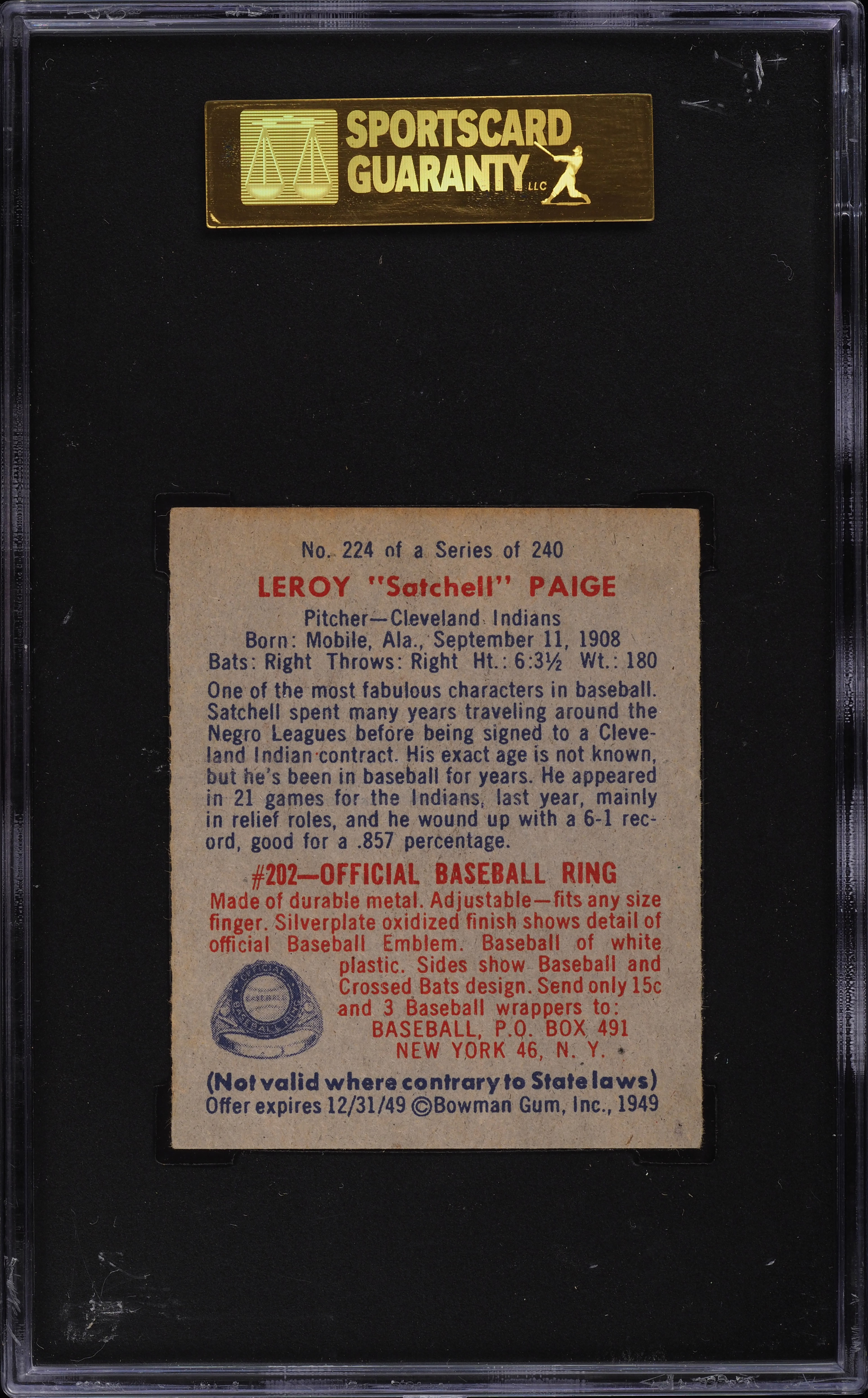 1949 Bowman Satchell Paige ROOKIE #224 SGC 7 NRMT on Fanatics Collect