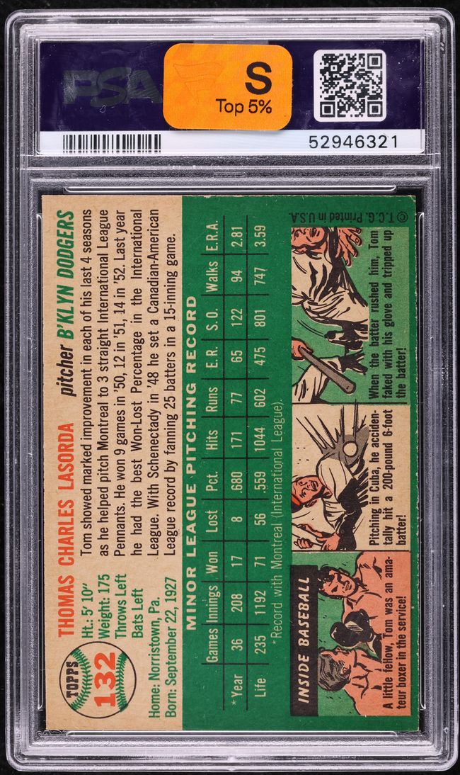 1954 Topps Tommy Lasorda ROOKIE #132 PSA 7 NRMT